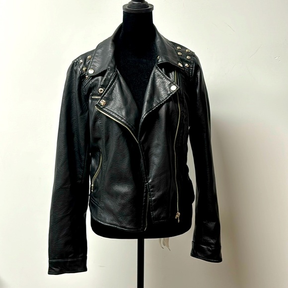 Miss London Faux Leather Jacket Black Size Med Zipper Pockets Biker Moto Studfed - Picture 1 of 14